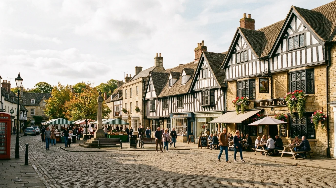 Historic stone pub facades and timber framing around Market Square in Bicester