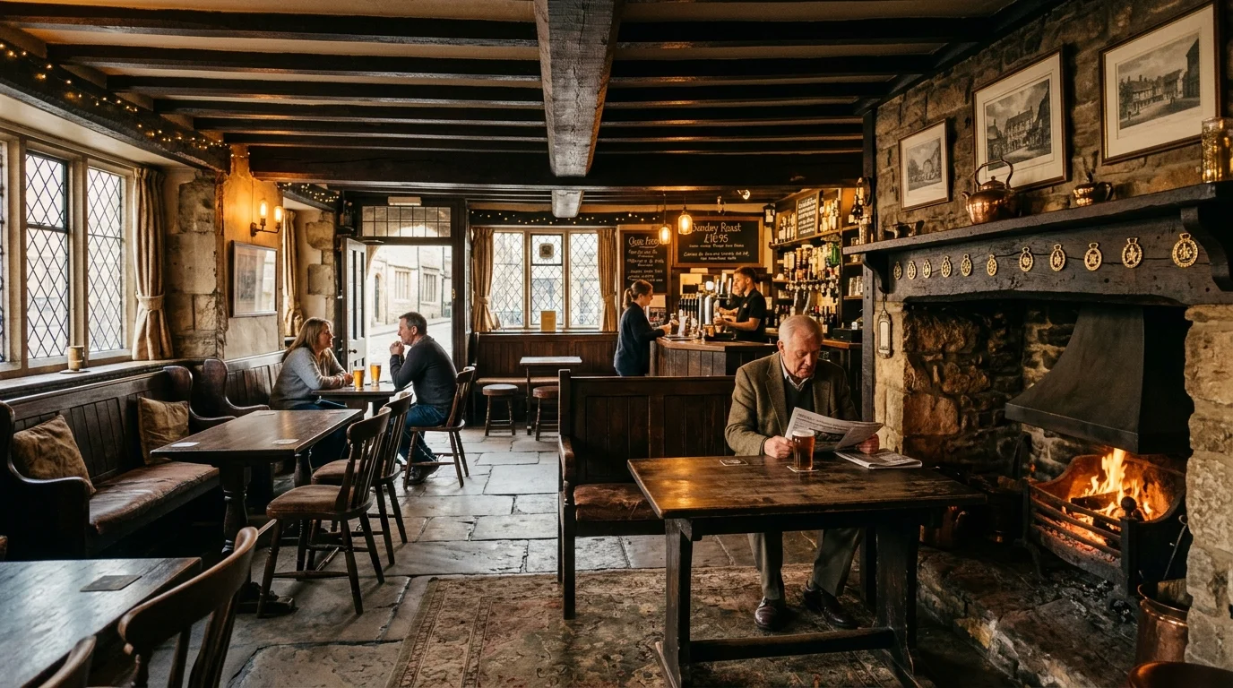 Interior of a historic coaching inn with low beams and stone fireplace in Bicester