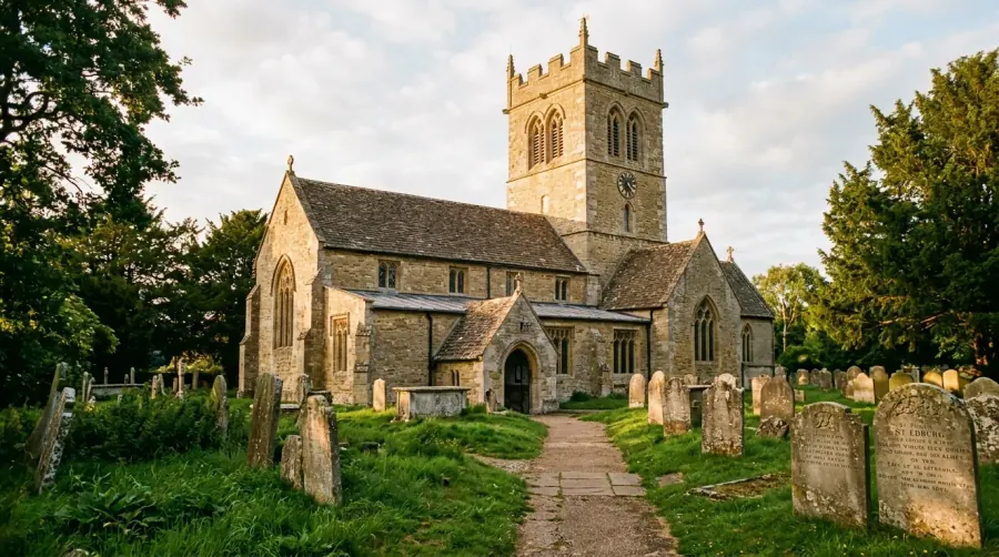 Historic stone architecture of St Edburg's Church tower in Bicester