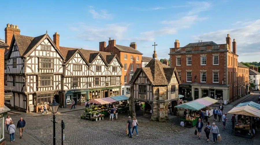 Historic Market Square with St Edburg's Church tower in Bicester town centre
