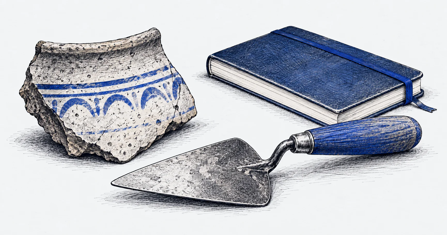 AI-generated illustration. Not a photograph of Bicester or actual finds from Alchester. Conceptual pottery, trowel and notebook.