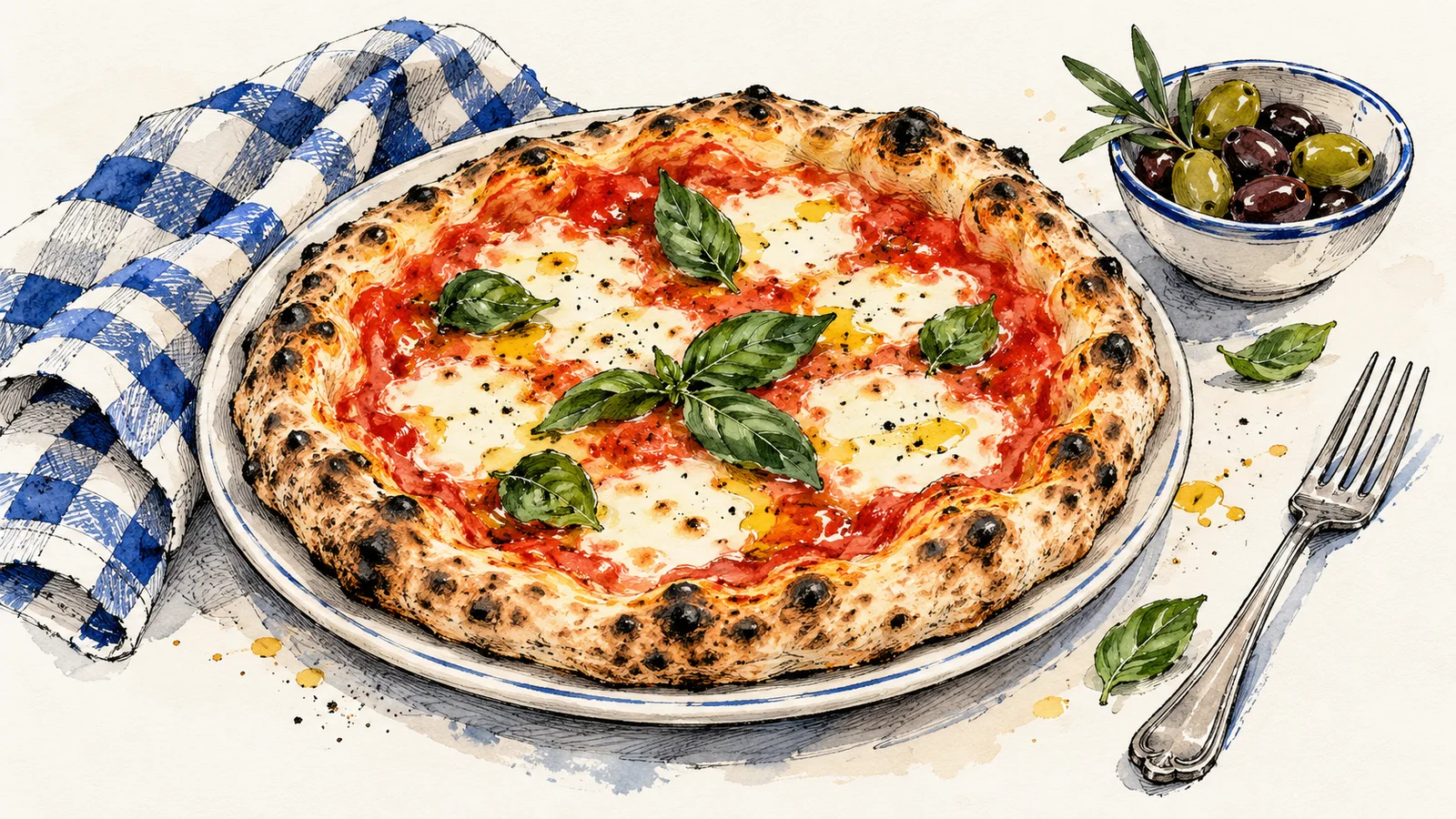 AI-generated watercolour illustration of a Neapolitan-style pizza with tomato, mozzarella and basil, olives and a checked napkin. Not a photograph of Bicester.
