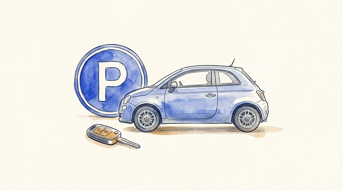 AI-generated illustration. Not a photograph of Bicester. Conceptual compact car, parking symbol disc and car key fob.