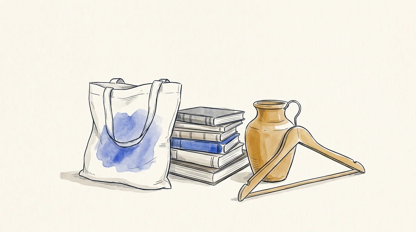 Editorial ink illustration of charity shop finds with a canvas tote bag, vintage books, ceramic vase and hanger.