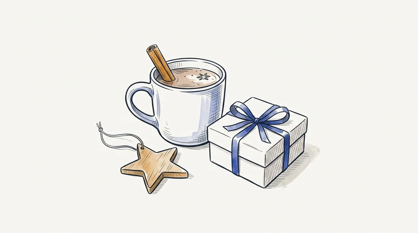 Editorial ink illustration of a warm spiced drink, artisan gift box and handcrafted wooden star ornament on warm paper.