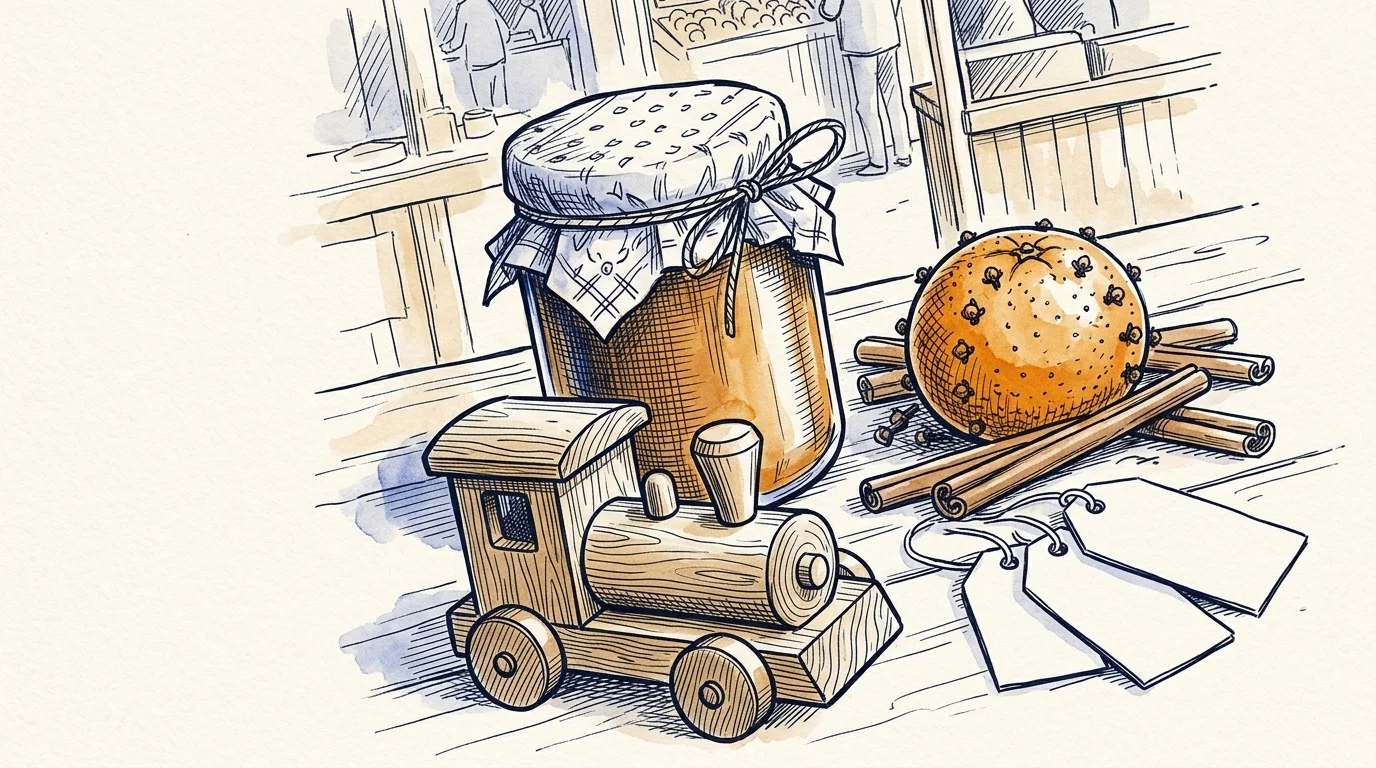 Editorial ink illustration of an artisan preserve jar, wooden toy train, pomander spiced orange with cloves, and gift tags.