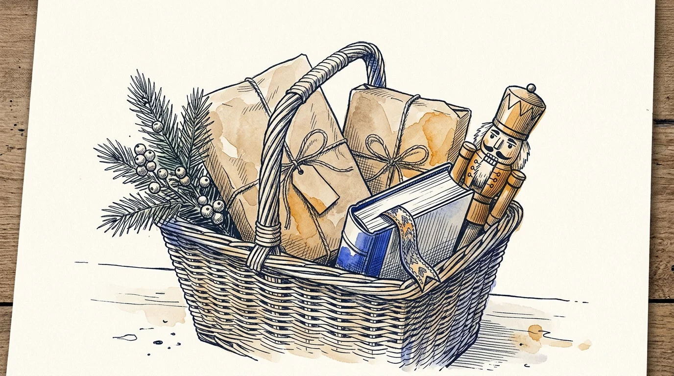 AI-generated illustration. Not a photograph of Bicester. Conceptual festive shopping basket with wrapped gifts, nutcracker and book.