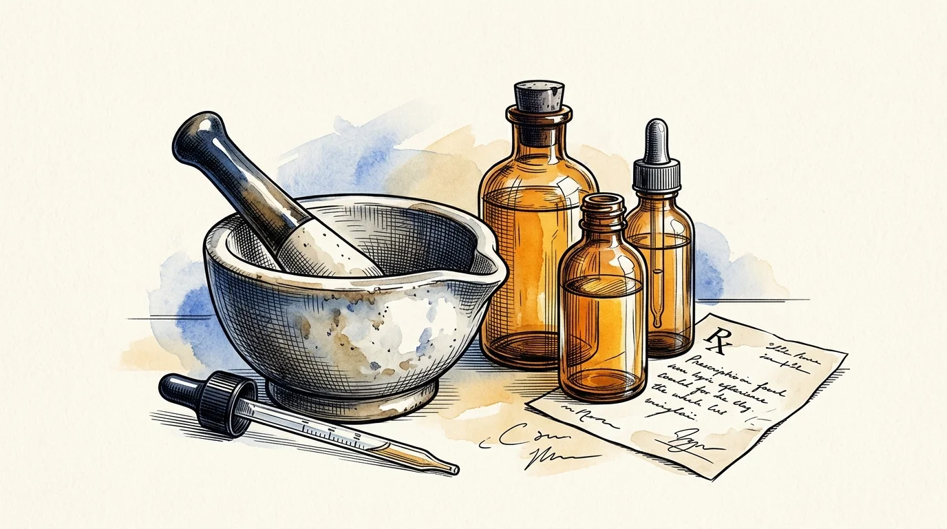 Editorial ink illustration of an apothecary ceramic mortar and pestle, amber glass medicine bottles, prescription slip and dropper.