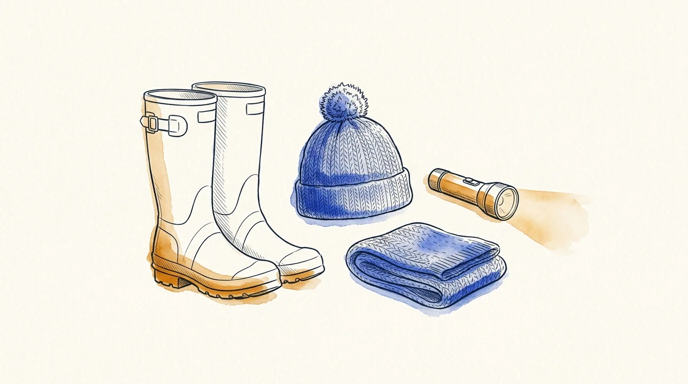 AI-generated illustration. Not a photograph of Bicester. Conceptual still life of wellington boots, woollen bobble hat, folded scarf and a torch.