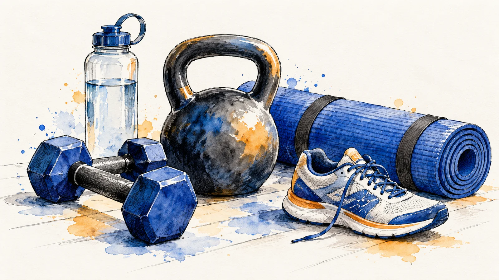 AI-generated watercolour illustration of a kettlebell, dumbbells, a rolled exercise mat, training shoe and water bottle. Not a photograph of Bicester.