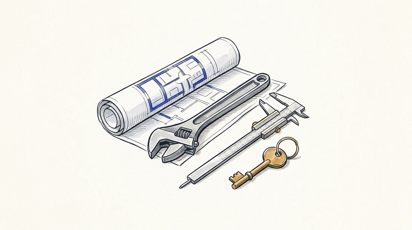 Editorial ink illustration of an architectural blueprint plan, steel adjustable wrench, precision calipers and a workshop key.