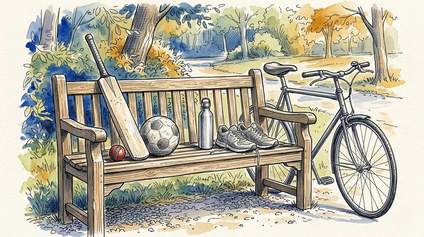 Editorial ink illustration of a timber park bench with a cricket bat, football, running trainers, water bottle and bicycle.