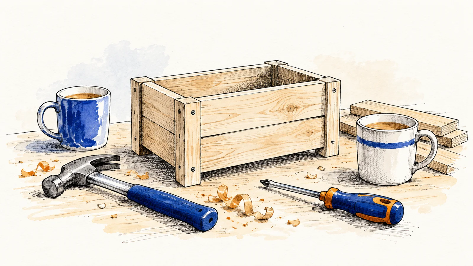 Editorial ink illustration of a small wooden planter being assembled beside two plain tea mugs and two simple hand tools.