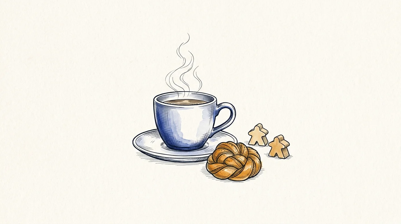 AI-generated illustration. Not a photograph of Bicester. Conceptual coffee cup on saucer with steam, artisan pastry and board game meeples.