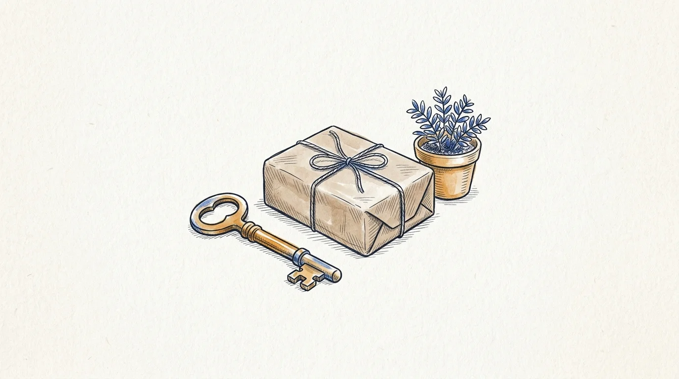 AI-generated illustration. Not a photograph of Bicester. Conceptual vintage shop key, tied brown paper parcel and potted plant.