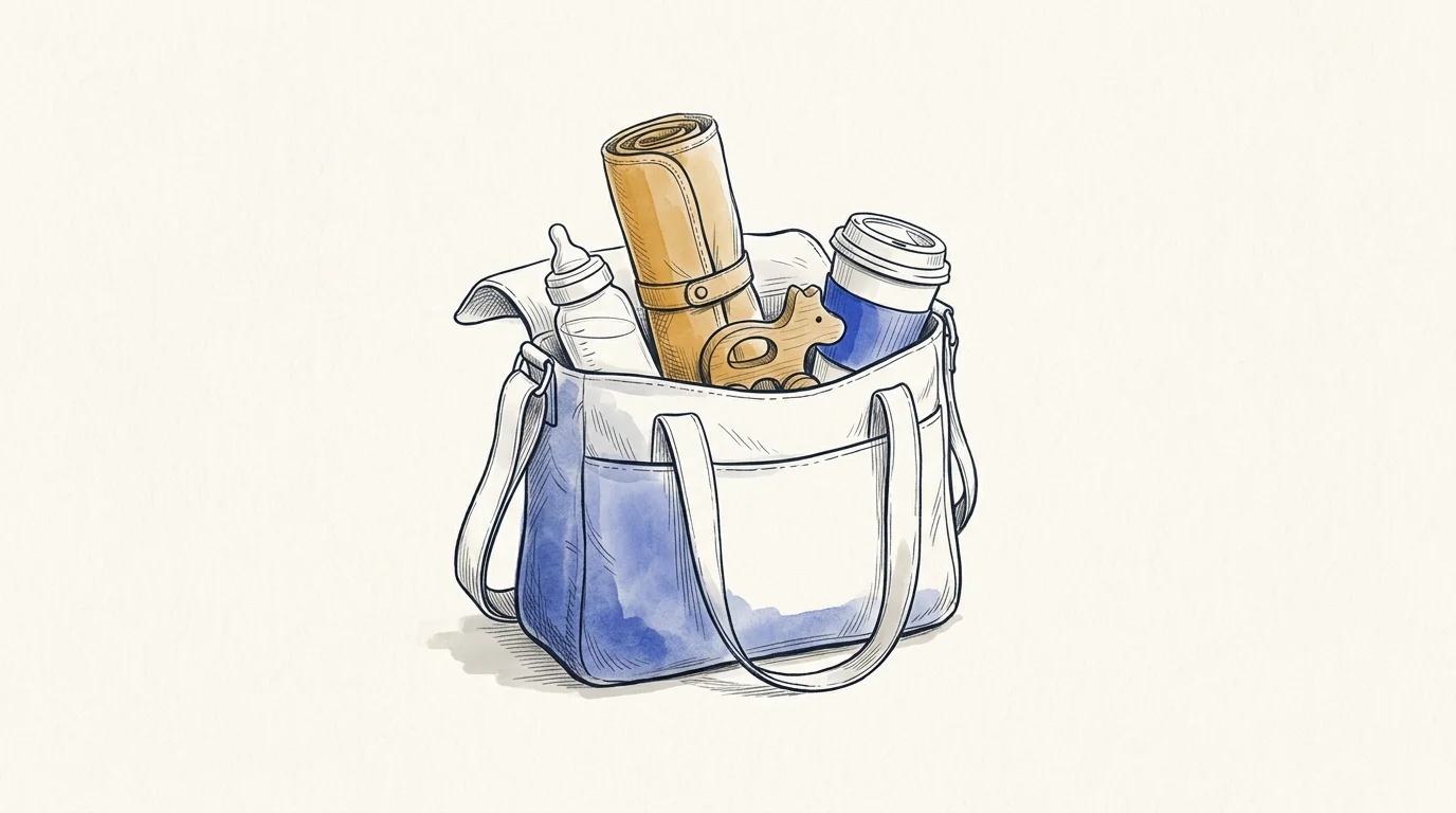 Editorial ink illustration of family shopping outing essentials with a changing bag, bottle and toddler wooden toy on warm paper.