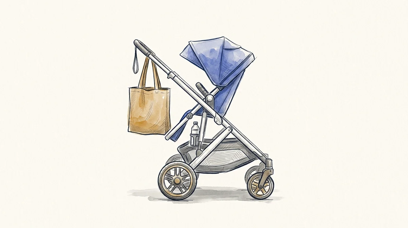 Editorial ink illustration of a modern pushchair stroller with a canvas shopping tote bag.
