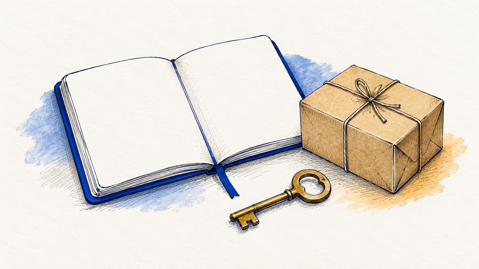 Editorial ink illustration of an open blank planning notebook, a simple brass key and a small plain parcel.