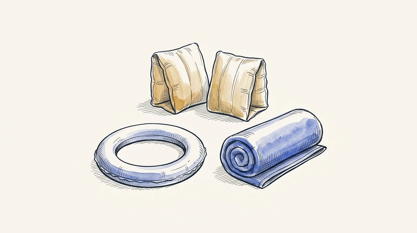 Editorial ink illustration of family outdoor water play essentials with inflatable armbands, dive ring and rolled towel on warm paper.