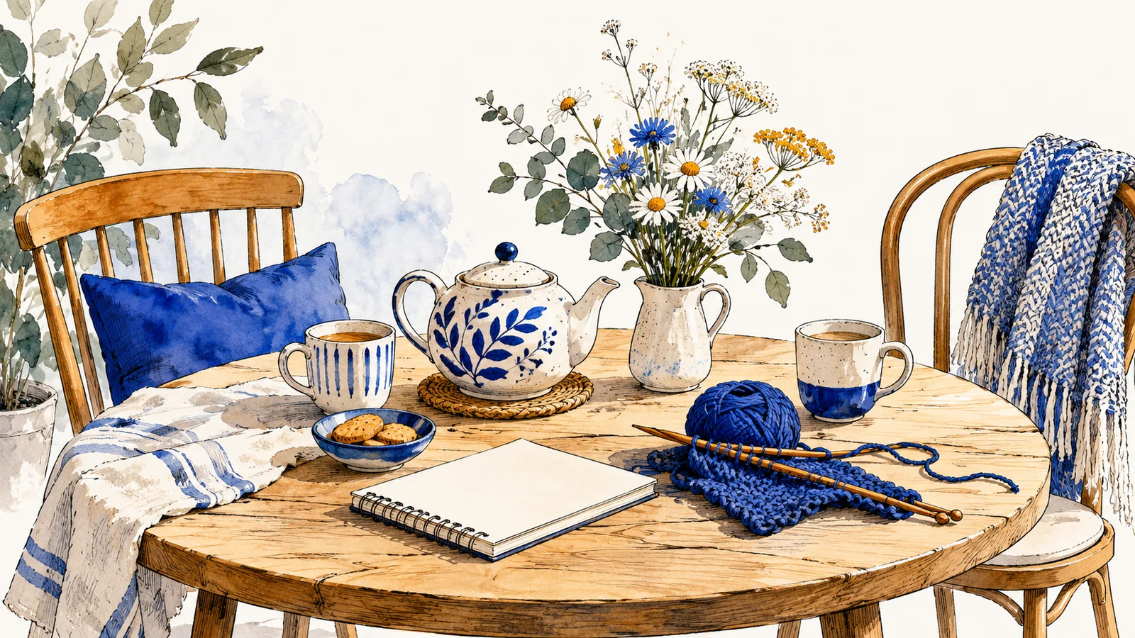 AI-generated watercolour illustration of a shared tea table with two empty chairs, a teapot, cups, wildflowers, knitting and a blank notebook. Not a photograph of Bicester.