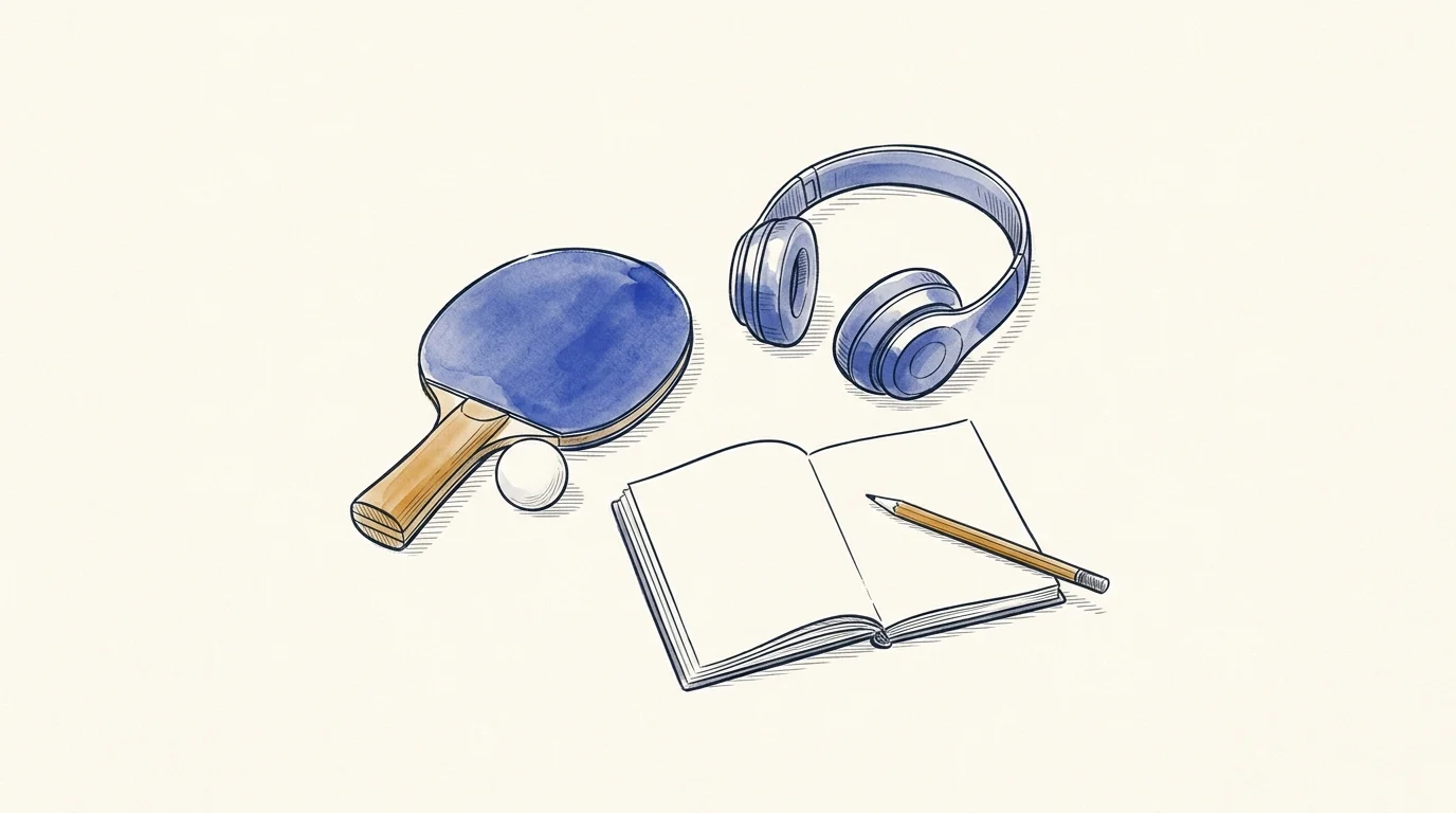 Editorial ink illustration of creative youth club activities with a table tennis bat, headphones and sketchbook on warm paper.