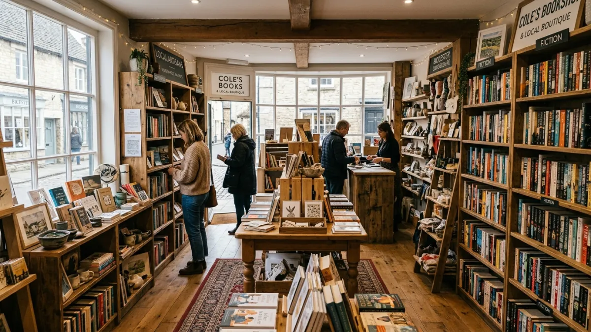 Shoppers browsing books and local artisanal gifts inside Coles Books and independent boutiques in Bicester