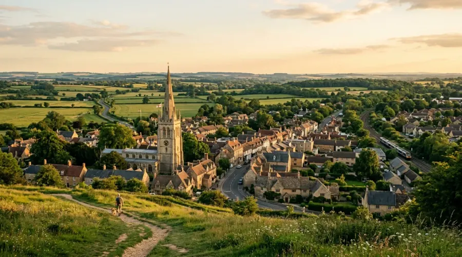Panoramic view of Bicester town from a hilltop showing the church spire and rooftops