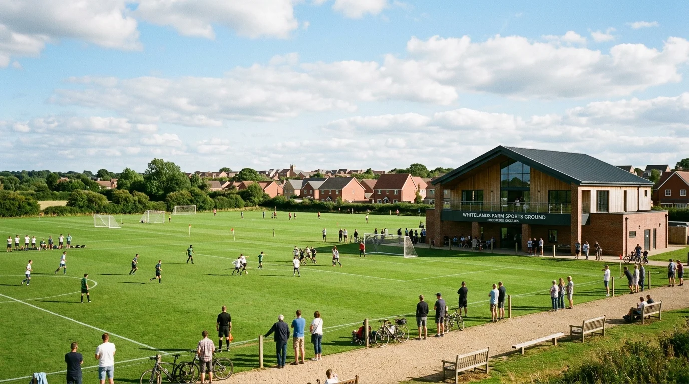 Whitelands Farm Sports Ground pavilion and green playing fields in Kingsmere Bicester