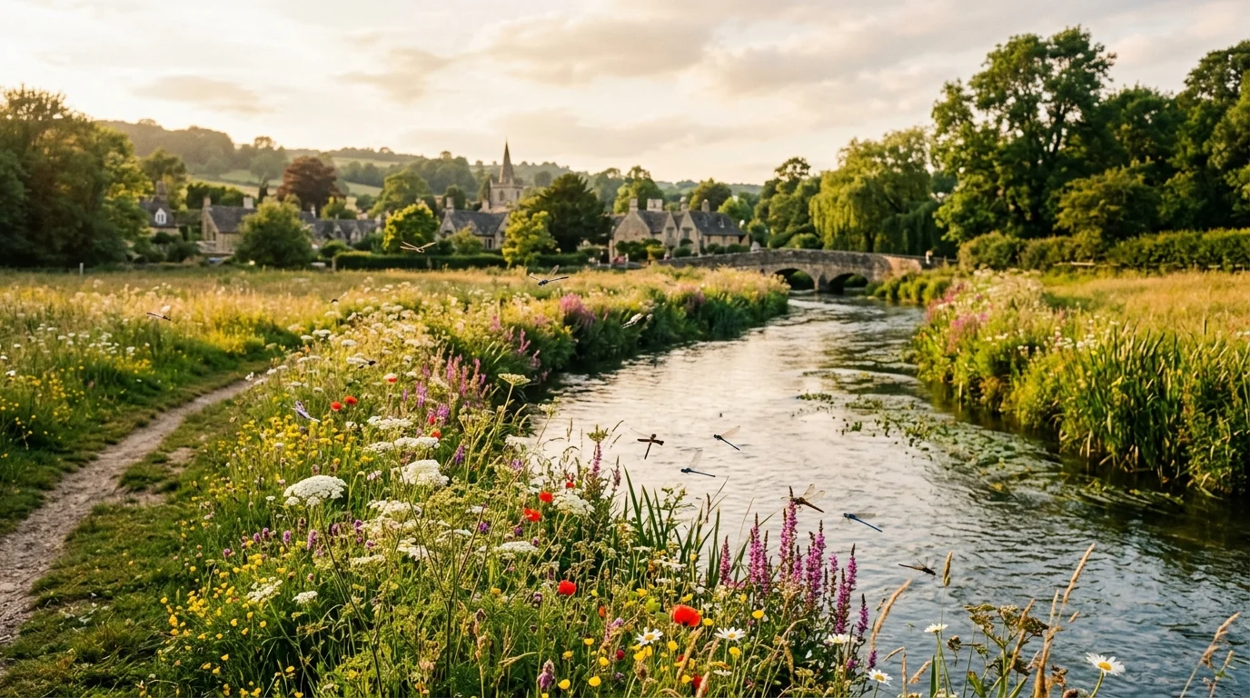 The River Ray winding through green meadows near Langford Village in Bicester
