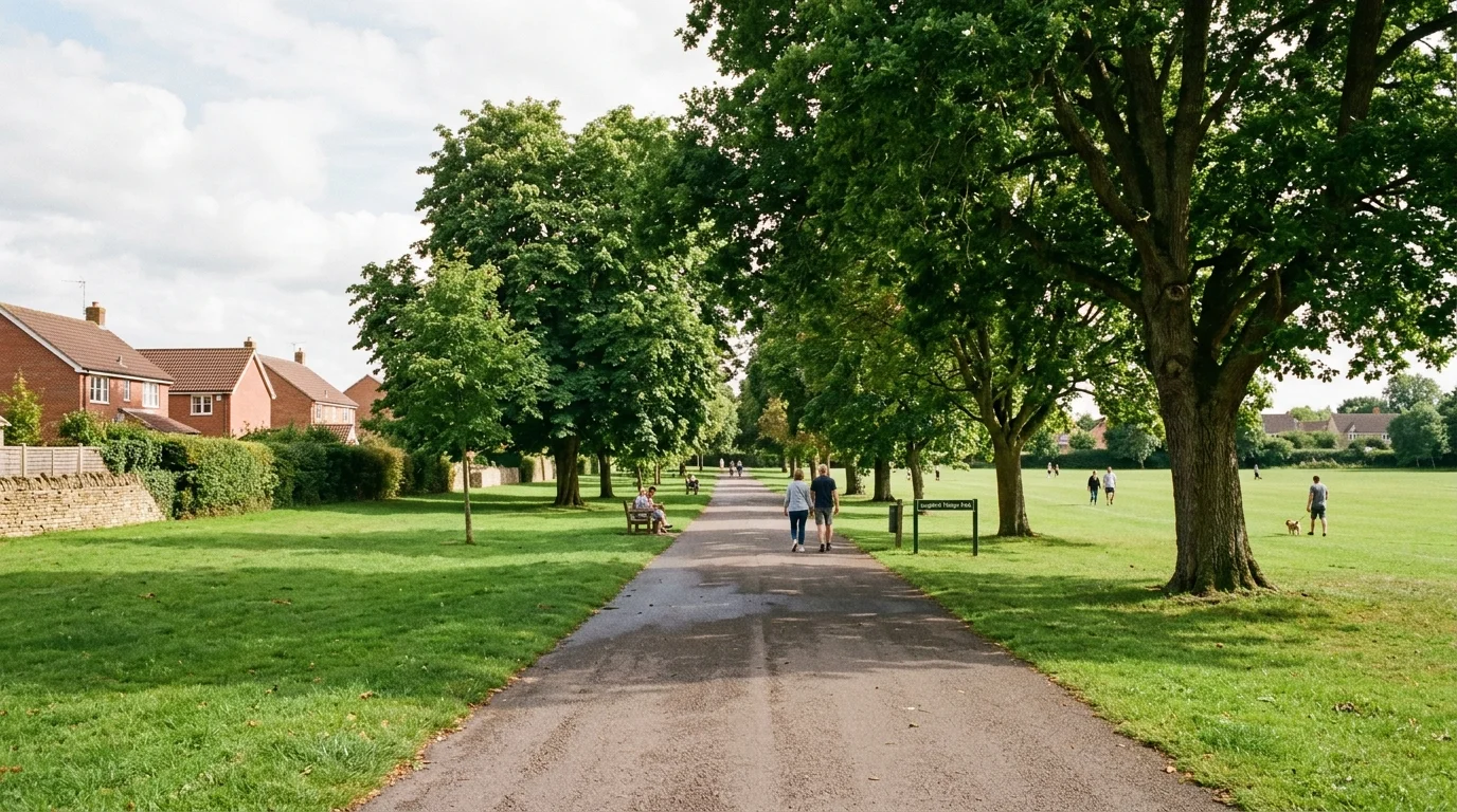 Paved walking route across the green open parkland of Langford Fields in Bicester