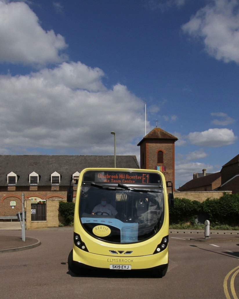 The E1 electric bus to Elmsbrook eco-town on Manorsfield Road, Bicester, photographed in July 2020.