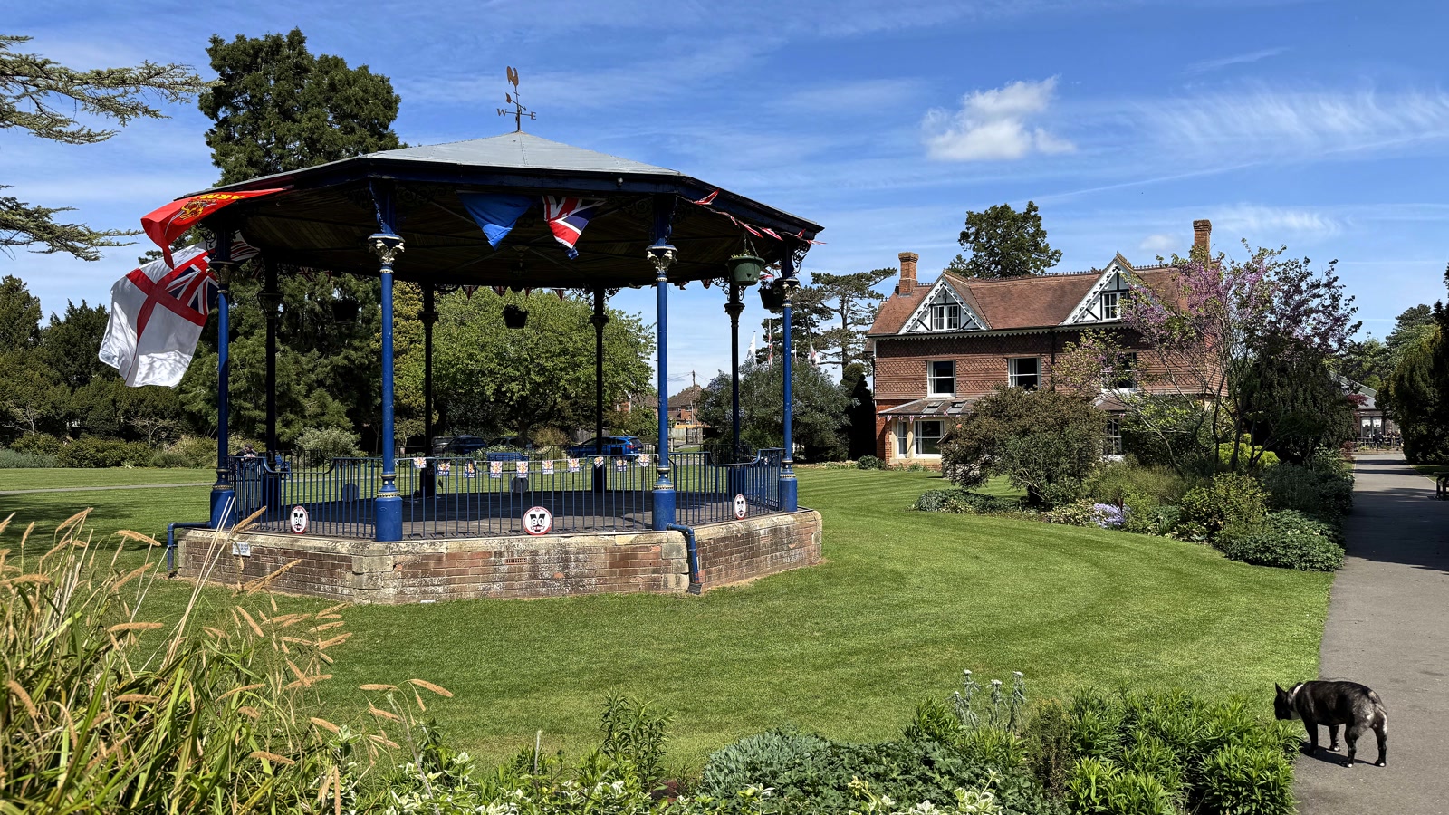 The Victorian bandstand and formal lawns in Garth Park, Bicester.
