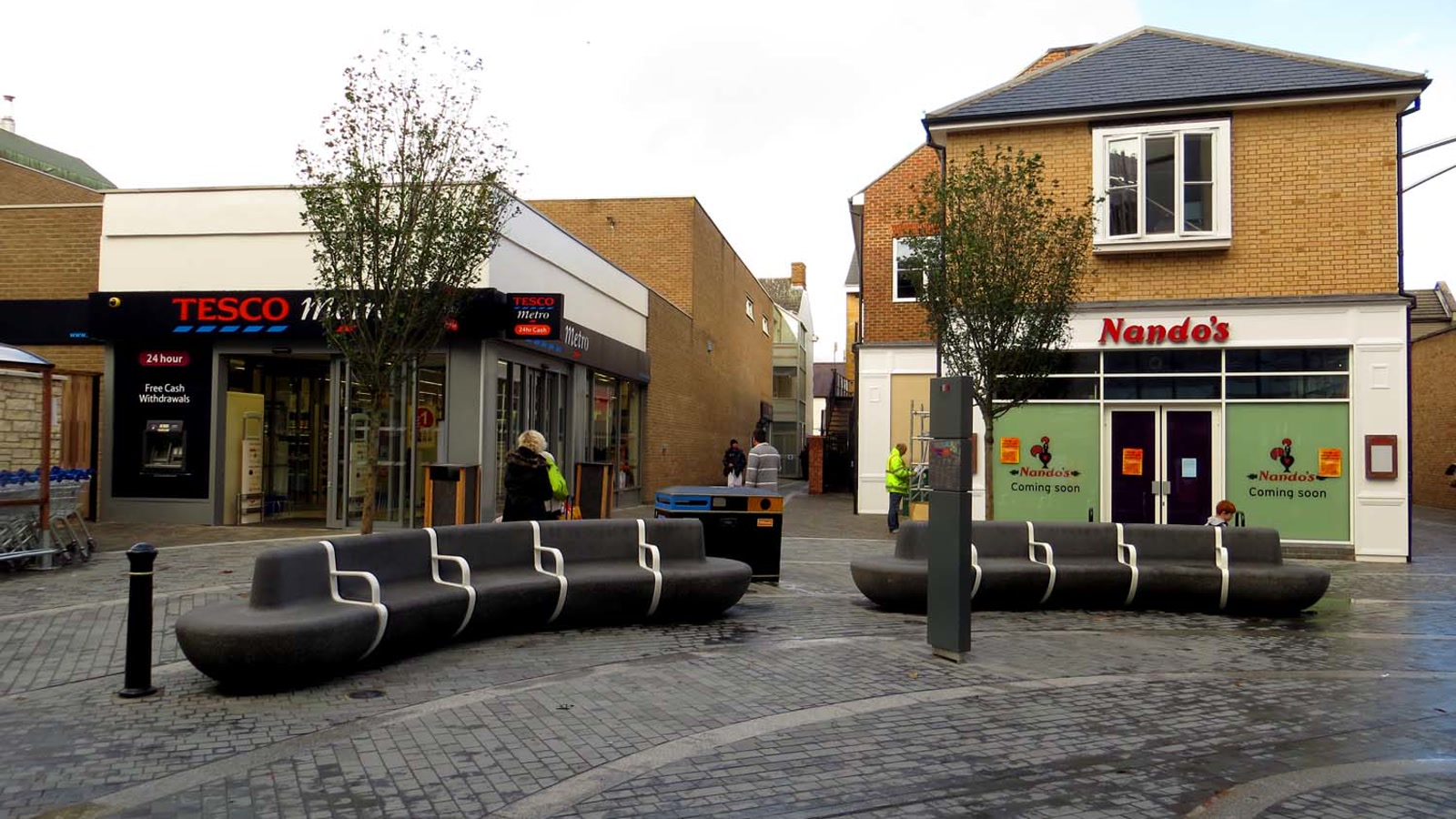 Modern dining and shopping development in Pioneer Square in Bicester town centre.