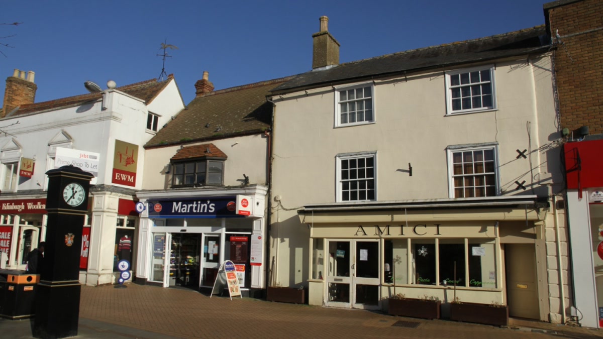 Historic 18th-century shops along pedestrianised Sheep Street in Bicester town centre