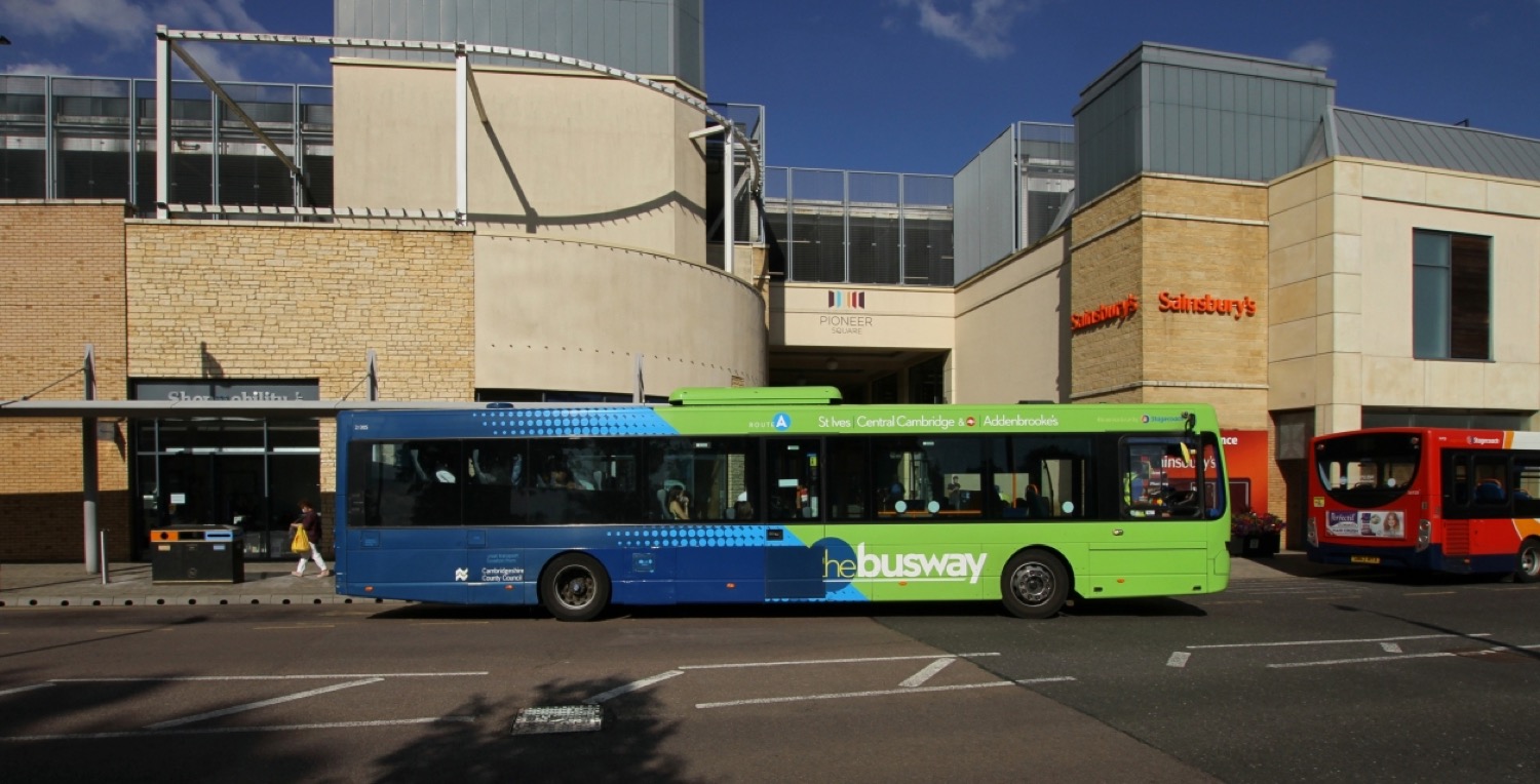 Stagecoach bus at Pioneer Square sheltered bus stands on Manorsfield Road, Bicester, photographed in July 2020.