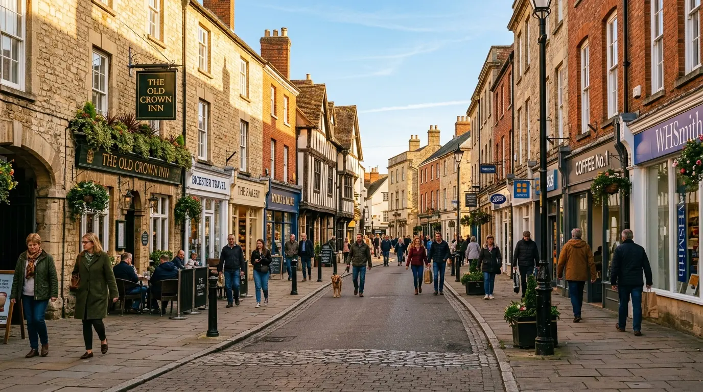Pedestrianised high street in Bicester town centre with historic storefronts