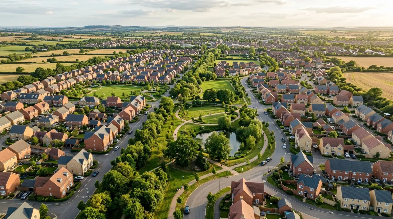 Aerial view of a modern housing estate with green spaces in Bicester, Oxfordshire