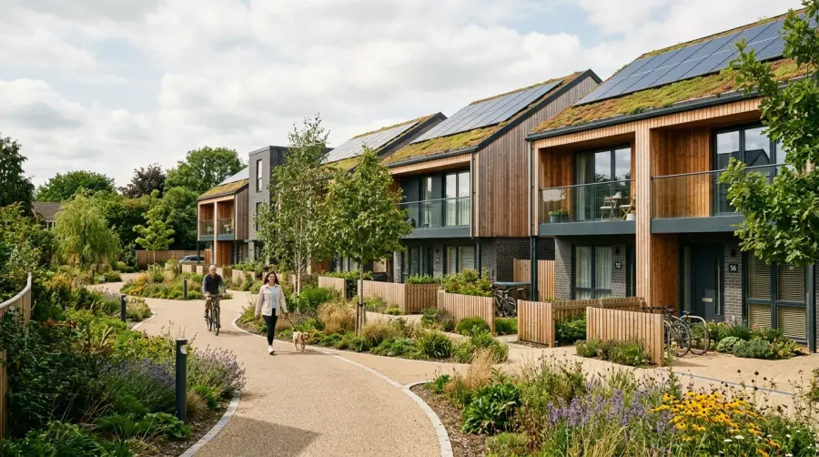 Modern eco-friendly new build houses in Bicester featuring solar panels and timber cladding