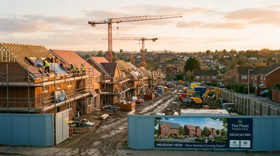 New housing development under construction in Bicester with cranes and site hoarding