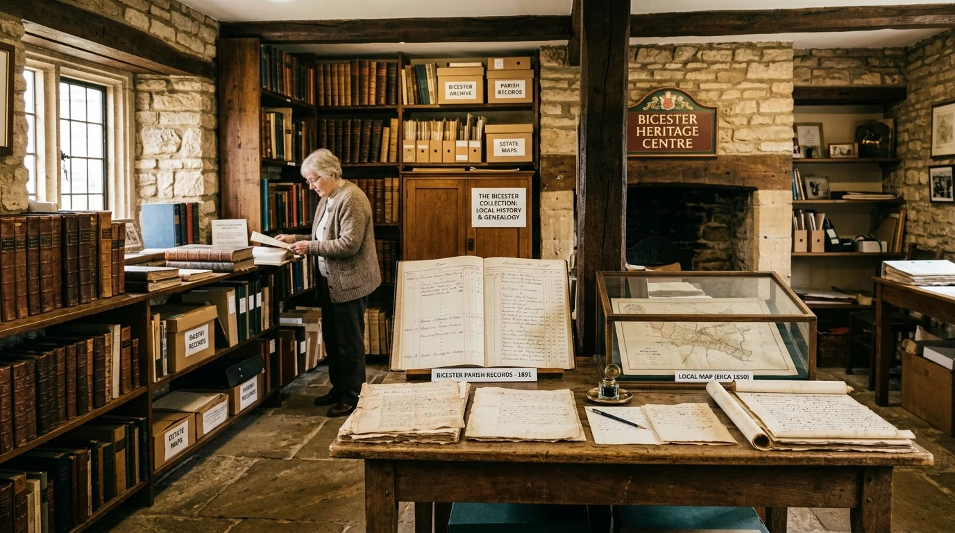 Historic records display and parish archives inside an Oxfordshire local history room