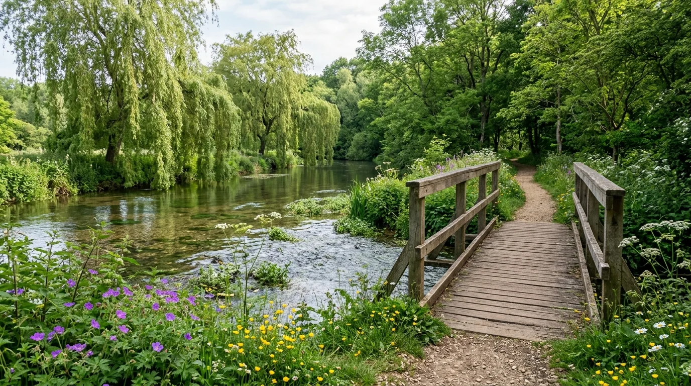 Quiet walking trail and wooden footbridge at Bure Park Nature Reserve in Bicester