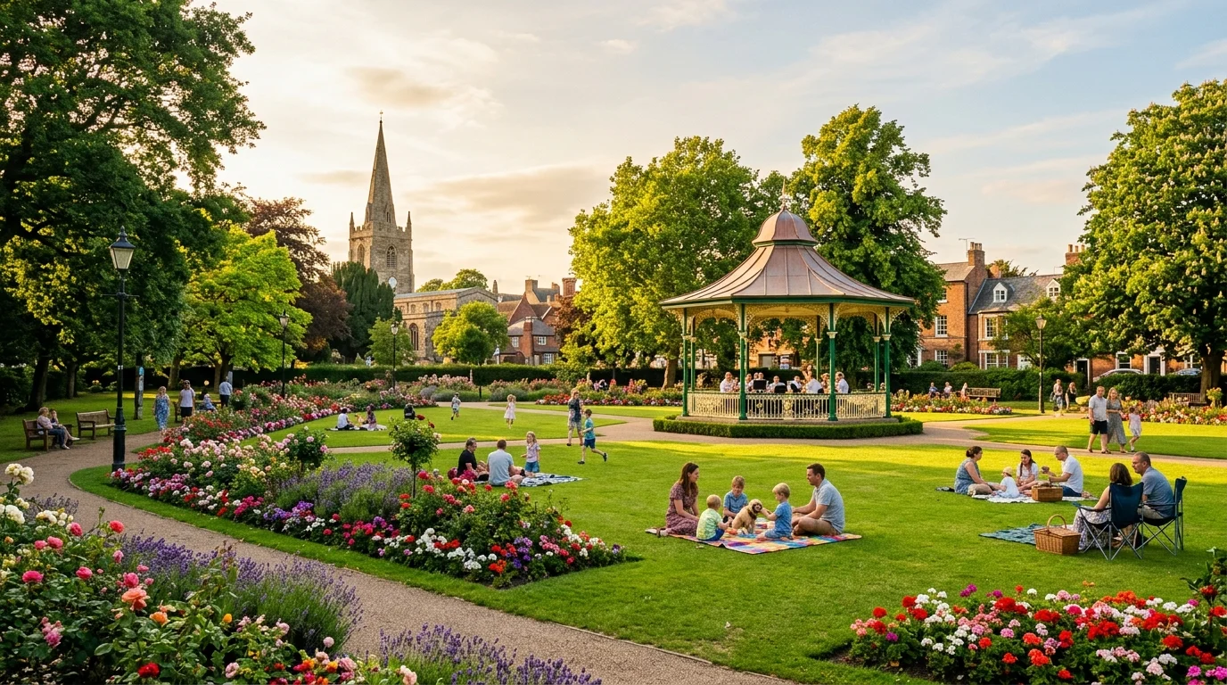 Families enjoying a sunny day in Garth Park, Bicester, with flower beds and mature trees