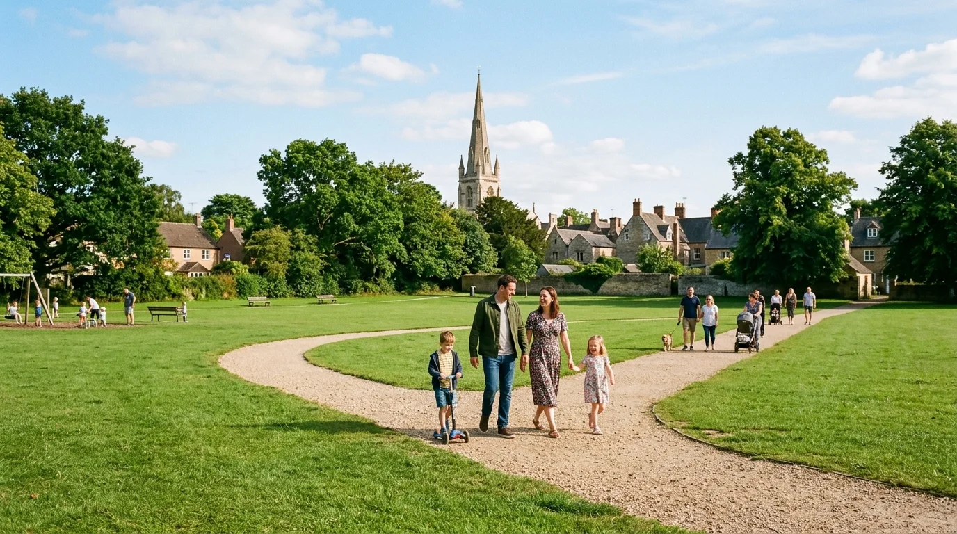 Pingle Field recreation ground in Bicester with walking paths, mature trees, and church spire