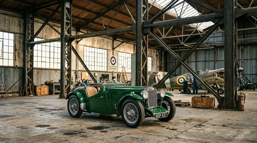 Preserved 1930s RAF hangar with vintage aircraft at Bicester Heritage