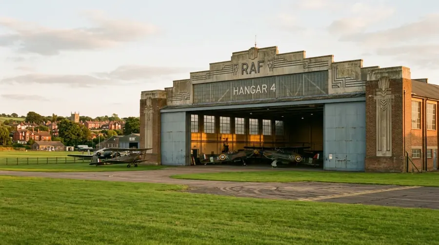 Preserved 1930s RAF hangar with vintage aircraft at Bicester Heritage, formerly RAF Bicester