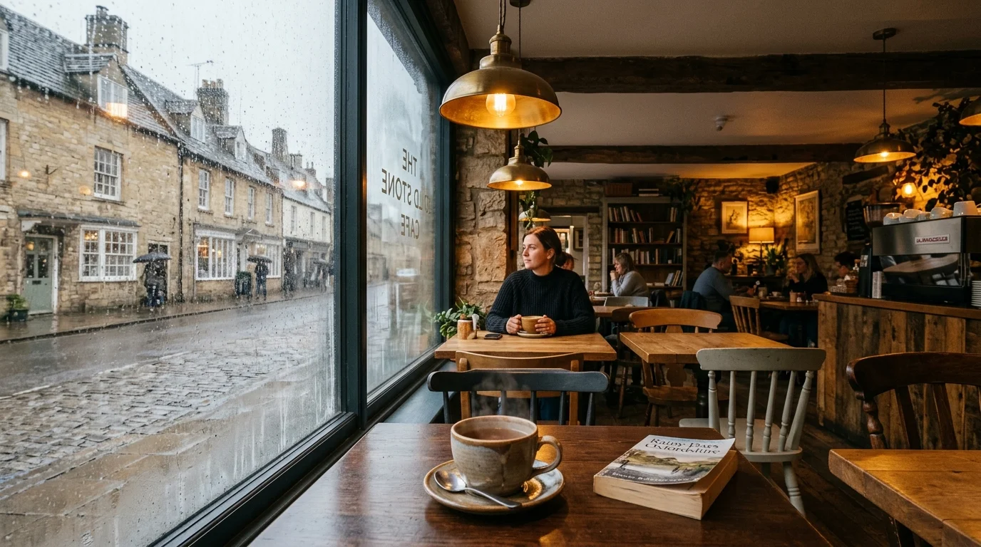 Cozy cafe interior with steamed windows on a rainy day in Bicester