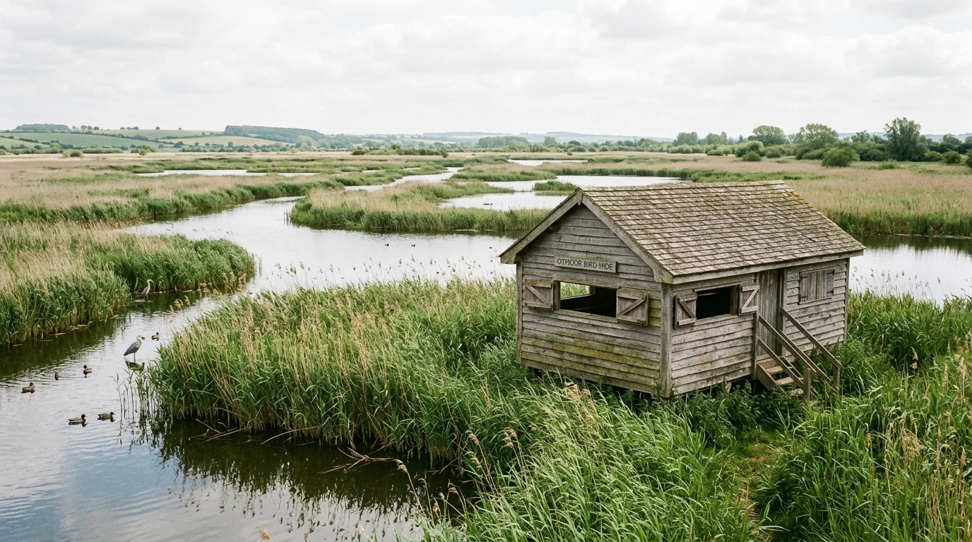Birdwatching hide and viewing screen overlooking the wetlands and reedbeds at RSPB Otmoor near Bicester
