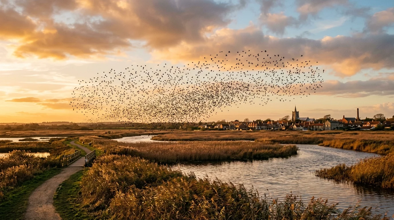 Starling murmuration over the reed beds at RSPB Otmoor nature reserve near Bicester