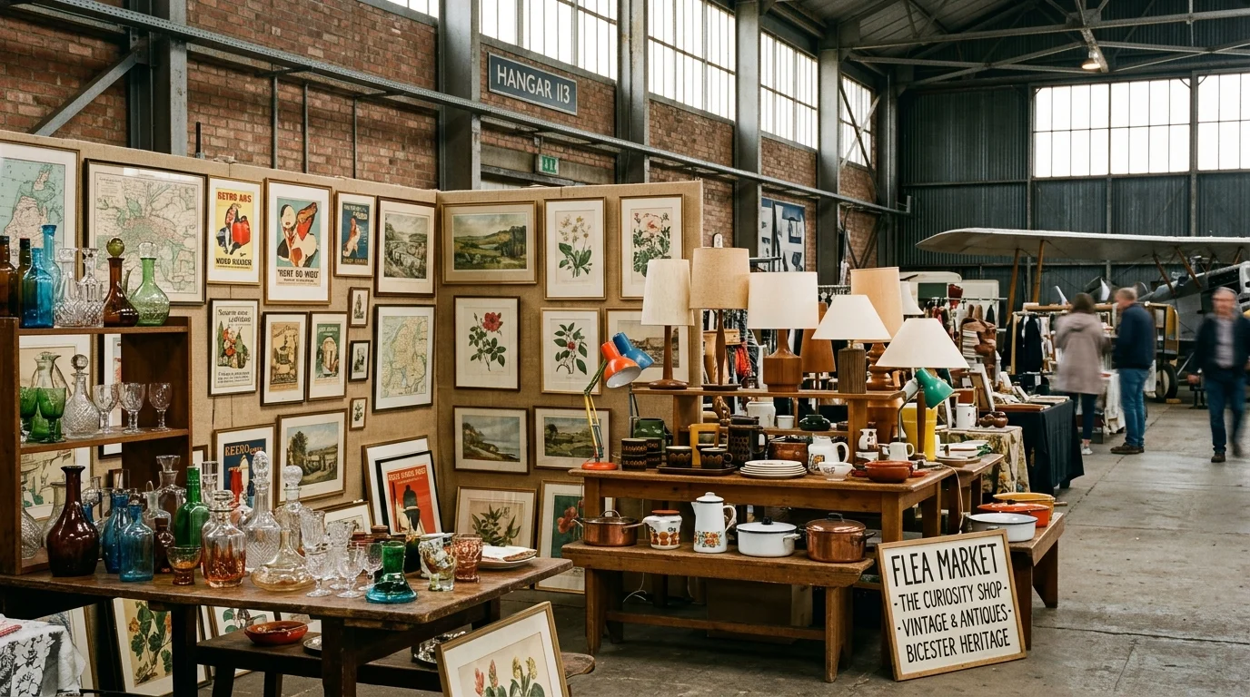 Vintage flea market stall with retro homewares, antique glassware, mid-century lamps, and framed prints at Bicester Heritage