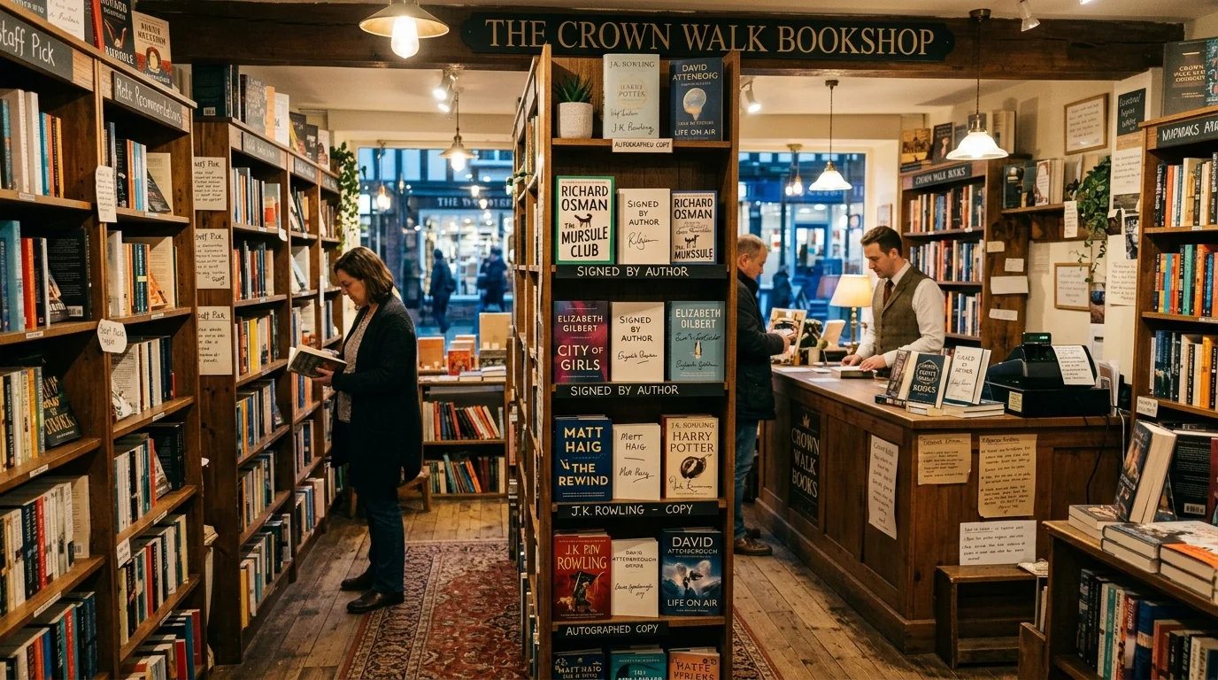 Shoppers browsing independent bookshops in Crown Walk precinct in Bicester